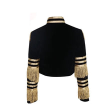 Load image into Gallery viewer, Black/Gold Tassels Patchwork Autumn Cropped Coats Jackets Women Long Sleeve Button Up Bomber Jacket Causal Glitter Slim Black Coat