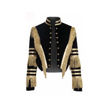 Load image into Gallery viewer, Black/Gold Tassels Patchwork Autumn Cropped Coats Jackets Women Long Sleeve Button Up Bomber Jacket Causal Glitter Slim Black Coat